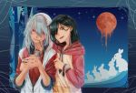  2girls bamboo bangs black_hair brown_eyes contemporary fujiwara_no_mokou full_moon hair_over_one_eye hand_on_another&#039;s_shoulder hoodie houraisan_kaguya moon multiple_girls pocky rabbit red_eyes silver_hair slit_pupils tiii touhou upper_body 