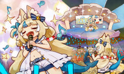  >_< 3girls :d animal_ear_fluff animal_ears blue_hair brown_hair cat_ears character_name chibi closed_eyes closed_mouth commentary crying dooby_(vtuber) dress eighth_note english_commentary fins fish_tail glowstick goggles goggles_on_head hat highres indie_virtual_youtuber itsuki_tasuku long_hair multicolored_hair multiple_girls musical_note navel nimi_nightmare nurse_cap one_side_up open_door sameko_saba short_shorts shorts smile standing streaked_hair streaming_tears tail tears very_long_hair white_dress white_hair white_hat white_shorts xd 