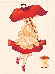  1girl absurdres apple apple_core appletrend apron artist_name dress food fruit full_moon grid_background highres holding holding_umbrella kapalkilayyyy limited_palette long_hair long_sleeves looking_to_the_side moon object_and_personification original real_life_insert red_shorts red_umbrella reference_inset shorts socks solo umbrella white_socks 