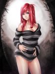  1girl bare_shoulders black_sweater borrowed_character breasts cleavage earrings head_tilt horizontal_stripes jewelry kamest lips long_hair long_sleeves looking_at_viewer necklace no_pants original pendant redhead simple_background smile solo standing sweater violet_eyes 
