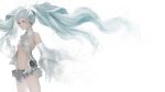  1girl aqua_hair bare_shoulders blue_eyes bracelet detached_sleeves expressionless flat_chest floating_hair fractal gloves grey_skirt hair_ornament hatsune_miku highres hihi_(kakukaku9646) jewelry long_hair navel shatter simple_background skirt solo standing twintails very_long_hair vocaloid white_background white_gloves 