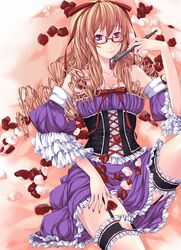  1girl adapted_costume alternate_hairstyle bangs bare_shoulders bespectacled blonde_hair breasts cleavage collarbone corset cowboy_shot detached_sleeves donguri dress drill_hair fan folding_fan frilled_dress frilled_sleeves frills garter_straps glasses hair_over_shoulder hair_ribbon leg_up long_hair looking_afar lying nail_polish petals puffy_sleeves purple_dress red-framed_glasses red_nails reflective_eyes ribbon rose_petals semi-rimless_glasses short_dress smile solo thighs touhou under-rim_glasses very_long_hair violet_eyes yakumo_yukari 