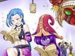  animal_ears armor blue_hair bomb braid brown_hair bullet fingerless_gloves flat_chest garen_crownguard gloves green_eyes hat jewelry jinx_(league_of_legends) league_of_legends long_hair lulu_(league_of_legends) multiple_boys multiple_girls navel necklace open_mouth pink_eyes purple_hair purple_skin script seiyuu short_hair sword tattoo tears twin_braids very_long_hair weapon yordle ziggs 