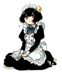  1girl black_hair maid original red_eyes short_hair simple_background sitting solo white_background yukichi_(ohuton_zzz) 