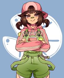  1girl aikeroki animal_print backwards_hat bandaid bandaid_on_face bandaid_on_nose baseball_cap belt bethy blue_background blush brown_eyes brown_hair charm_(object) closed_mouth commentary commission cowboy_shot crossed_arms english_commentary eyelashes frog_charm frog_print green_bandaid green_belt green_overalls green_suspenders hat highres hood hood_down hoodie indie_virtual_youtuber ko-fi_commission long_sleeves looking_at_viewer medium_hair nose overalls pink_hat pink_hoodie short_twintails sidelocks slit_pupils smile solo tomboy twintails virtual_youtuber 