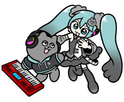  1girl alternate_costume animal_hair_ornament aqua_eyes aqua_hair aqua_hood bare_shoulders belt black_belt black_boots black_hair black_hoodie black_shirt black_sleeves blush_stickers boots cat character_hair_ornament collared_shirt commentary_request detached_sleeves double-parted_bangs drawstring flat_color full_body gradient_boots gradient_hair grey_cat grey_fur grey_scrunchie grey_skirt grey_sleeves hair_between_eyes hair_ornament hatsune_miku headphones headset hood hood_down hoodie instrument keyboard_(instrument) long_hair long_sleeves looking_at_another lowered_eyelids multicolored_hair necktie nmeneko no_nose official_art portrait puffy-trimmed_skirt scrunchie shirimoto shirt short_sleeves simple_background skirt sleeveless sleeveless_shirt twintails two-tone_belt usukuro very_long_hair vocaloid white_background white_belt white_necktie white_trim 