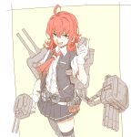  1girl ahoge arashi_(kantai_collection) depth_charge gloves gun holding_gun holding_weapon kantai_collection machinery messy_hair necktie ninimo_nimo open_mouth pleated_skirt red_eyes redhead school_uniform searchlight sketch skirt smile solo thigh-highs turret vest weapon white_gloves 