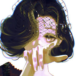  1girl absurdres covered_mouth eyelashes fishnet_veil hair_over_one_eye hand_up highres looking_at_viewer one_eye_covered pointing pointing_at_another portrait reverse:1999 short_hair solo tuesday_(reverse:1999) violet_eyes white_background xiao_xiazi 