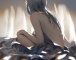  1girl bare_back bed_sheet from_behind hand_on_own_knee long_hair nude original pointy_ears silver_hair sitting solo wlop 