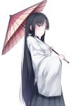  1girl black_hair grey_eyes hakama highres japanese_clothes kantai_collection kimono long_hair long_sleeves looking_at_viewer oriental_umbrella shouhou_(kantai_collection) smile solo umbrella very_long_hair waterdog wide_sleeves 