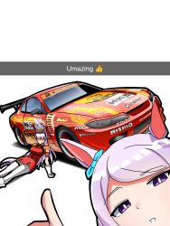  2girls animal_ears breasts car dress gold_ship_(umamusume) grey_hair hat highres hks horse_ears horse_girl horse_tail long_hair looking_at_viewer mejiro_mcqueen_(umamusume) motor_vehicle multiple_girls nissan nissan_silvia nissan_silvia_s15 open_mouth purple_hair race_vehicle racecar rally_car shirt simple_background sleeveless sponsor tail thumbs_up toyeeta_prius umamusume violet_eyes white_background 