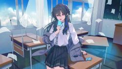  1girl absurdres black_collar black_hair black_skirt blazer blue_hair chair chalkboard classroom collar collared_shirt commentary curtains desk food highres holding holding_food holding_popsicle ichinose_uruha indoors jacket maria_onnette multicolored_hair necktie open_mouth popsicle school_desk shirt skirt solo streaked_hair table teeth two-tone_hair two_side_up violet_eyes virtual_youtuber vspo! white_shirt window 