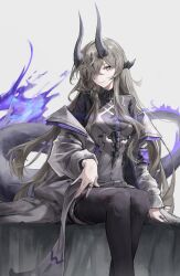  1girl absurdres arknights black_horns black_tail black_thighhighs closed_mouth commentary dragon_girl dragon_tail dress fiery_tail fire grey_eyes grey_hair hair_over_one_eye highres horns jacket jewelry long_hair long_sleeves looking_at_viewer necrass_(arknights) nueegochi one_eye_covered open_clothes open_jacket purple_fire ring see-through_clothes see-through_jacket sitting smile solo tail thigh-highs torn_clothes torn_thighhighs very_long_hair white_dress white_jacket 
