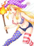  1girl american_flag_bikini american_flag_legwear bare_arms bare_shoulders bikini blonde_hair breasts cleavage clownpiece collarbone fairy_wings flag_print hat jester_cap large_breasts long_hair midriff mono_(moiky) navel open_mouth red_eyes short_shorts shorts smile solo swimsuit thigh-highs torch touhou very_long_hair wings 