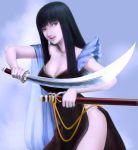  1girl black_hair breasts brown_eyes cleavage cowboy_shot highres holding_sword holding_weapon katana large_breasts lips long_hair looking_at_viewer nose open_mouth original realistic scabbard sheath smile solo sword weapon yukinoboo 