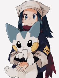  1girl 2enn3n akari_(pokemon) blue_eyes blue_hair buck_teeth closed_mouth galaxy_expedition_team_survey_corps_uniform grey_background headscarf highres holding long_hair long_sleeves pachirisu pokemon pokemon_(creature) pokemon_legends:_arceus red_scarf scarf sidelocks simple_background teeth 