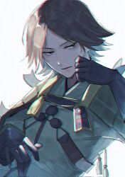  1boy am1582 black_eyes brown_gloves brown_hair chromatic_aberration commentary corrupted_twitter_file expressionless gloves hand_on_own_cheek hand_on_own_face highres looking_to_the_side male_focus mouri_motonari_(sengoku_basara) no_headwear parted_lips sengoku_basara short_hair simple_background solo upper_body white_background 