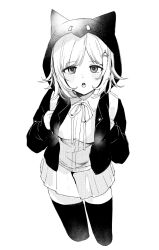  1girl :o absurdres breasts collared_shirt danganronpa_(series) danganronpa_2:_goodbye_despair flipped_hair hair_ornament highres hood jacket kiwi_(minteo4s) long_sleeves looking_at_viewer medium_hair nanami_chiaki neck_ribbon open_clothes open_jacket ribbon shirt skirt solo spaceship_hair_ornament thigh-highs zettai_ryouiki 