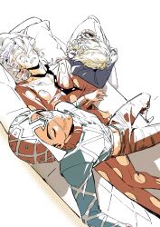  3boys animal_print argyle_clothes argyle_hat argyle_sweater bandage_on_face bandage_over_one_eye bandages black_necktie blonde_hair blue_jacket blue_sweater closed_eyes clothing_cutout couch drooling giorno_giovanna guido_mista hat highres jacket jojo_no_kimyou_na_bouken lying male_focus midriff multiple_boys navel necktie on_back pannacotta_fugo pants red_hat red_jacket red_pants sleeping ssyoukyo_sori sweater vento_aureo white_hair zebra_print 