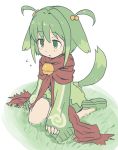  1girl :o bell character_request copyright_request flying_sweatdrops green green_eyes green_shoes hair_bobbles hair_ornament kneeling muramasa-sushi scarf shoes short_hair solo tail two_side_up 