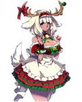  1girl animal_ears antlers bangs bell blonde_hair blunt_bangs braid breasts character_request christmas cleavage colored_eyelashes copyright_request cowboy_shot dark_skin fake_horns jingle_bell large_breasts long_hair parted_lips pink_eyes reindeer_antlers ribbon skirt solo tail twin_braids 