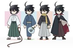  1boy :d ahoge black_kimono black_socks blue_background blue_kimono book boots bow brown_boots brown_hairband brown_hakama cape closed_mouth commentary_request deformed full_body geta glasses green_eyes green_hakama grey_background grey_hakama hairband hakama hand_fan holding holding_book itoshiki_nozomu japanese_clothes kimono magusagari male_focus multicolored_cape multiple_views noose open_mouth orange_background palette_swap paper_fan pink_background red_cape sayonara_zetsubou_sensei scarf shosei smile socks standing star_(symbol) uchiwa white_background white_socks yellow_scarf 
