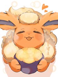 animal_focus blush closed_eyes flareon fluffy food hp7car7nxrq5s7q looking_at_viewer no_humans open_mouth pokemon pokemon_(creature) pokemon_focus roasted_sweet_potato simple_background smile solo sweet_potato tail white_background 