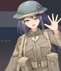  1girl absurdres ammunition_pouch artist_name belt blue_hair breast_pocket brodie_helmet brown_belt brown_jacket brown_shirt collared_shirt combat_helmet commentary dutch_army dutch_flag flag_background green_eyes green_hat green_necktie hat helmet highres jacket leochan1202 long_sleeves looking_at_viewer military military_rank_insignia military_uniform necktie netherlands open_mouth original patch pocket pouch shirt shoulder_patch smile solo suspenders unit_patch upper_body waving world_war_ii 