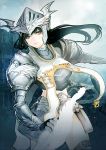  1girl belt black_hair brown_eyes helmet looking_to_the_side midriff pale_skin pauldrons plate_armor zzoggomini 