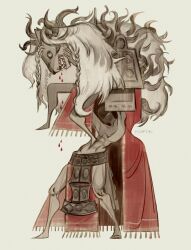  armor asymmetrical_horns black_sclera blood blood_drip blue_eyes braid colored_sclera colored_skin divine_beast_dancing_lion elden_ring elden_ring:_shadow_of_the_erdtree english_commentary fringe_trim grey_skin highres horns kvstik1111 lion lion_dance lion_mane monster muscular muscular_male ornate_armor pelvic_curtain red_robe robe shaded_face signature standing teeth 