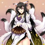  1girl :3 :d ahoge animal_ears beifeng_han black_hair blush breasts detached_collar detached_sleeves fan folding_fan fox_ears fox_tail hair_between_eyes kyuubi large_breasts long_hair miyaura_sanshio multiple_tails open_mouth original smile solo tail violet_eyes 