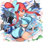 1girl :d \o/ arched_back arms_up ass blue_eyes crop_top flower fuuro_(pokemon) gloves gym_leader hair_ornament long_hair long_sleeves looking_at_viewer one_side_up open_mouth outstretched_arms petals plant pokemon pokemon_(creature) pokemon_(game) pokemon_bw redhead saitou_naoki short_shorts shorts smile solo swanna swoobat 