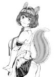  1girl animal_ears bare_shoulders breasts elbow_gloves frills from_behind gloves large_breasts looking_back microskirt monochrome original panties parted_lips short_hair simple_background skirt smile solo squirrel_ears squirrel_tail tail underwear white_background xxzero 