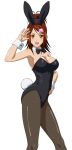  1girl animal_ears armpits bachou_mouki black_legwear breasts brown_hair bunnysuit cleavage hair_ornament highres ikkitousen looking_at_viewer open_mouth rabbit_ears sideboob simple_background solo white_background yellow_eyes 