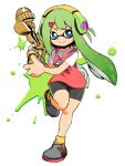  1girl bike_shorts blue_eyes boots domino_mask green_hair gun hair_ornament hairclip headphones inkling mask muramasa-sushi pointy_ears shirt solo splatoon splatter t-shirt tentacle_hair weapon 