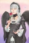  1girl bangs dress flower juna_(pixiv410962) long_hair looking_at_viewer lowres parody realistic red_rose rose rozen_maiden seiyuu seiyuu_connection silver_hair simple_background solo suigintou tanaka_rie traditional_media watercolor_(medium) wings 