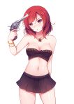  1girl :o bare_arms black_skirt blush breasts cleavage collarbone euforia gun gun_to_head head_tilt heterochromia holding_gun holding_weapon jewelry love_live!_school_idol_project midriff navel necklace nishikino_maki orange_eyes parted_lips pleated_skirt short_hair simple_background skirt solo standing stomach violet_eyes weapon white_background 