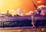  1girl aqua_eyes aqua_hair ascot back brown_legwear building clouds crane hair_ornament hairclip jacket kantai_collection long_hair looking_back machinery ocean open_mouth paraiso pleated_skirt shipyard skirt smile solo sunset suzuya_(kantai_collection) thigh-highs water 