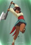  1girl ajna_(indivisible) ankle_wraps axe bike_shorts bracelet brown_eyes brown_hair commentary daniel_macgregor dark_skin indivisible jewelry one_leg_raised open_mouth sandals short_hair solo weapon 