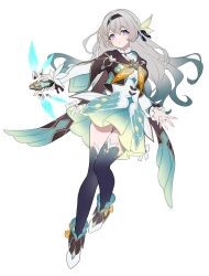  1girl aqua_dress aqua_skirt aqua_thighhighs blue_ribbon blush closed_mouth collared_dress dress firefly_(honkai:_star_rail) frilled_sleeves frills gradient_eyes gradient_hair green_pupils grey_hair hair_between_eyes hair_intakes hair_ornament hair_ribbon hairband highres honkai:_star_rail honkai_(series) kiki-yu long_hair long_sleeves multicolored_eyes multicolored_hair ribbon simple_background skirt sleeve_bow solo thigh-highs white_background white_sleeves 