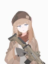  1girl absurdres beanie blue_eyes brown_hair brown_hat brown_jacket frown girls_frontline grey_background gun hat highres holding holding_gun holding_weapon jacket long_hair looking_at_viewer no_lineart open_clothes open_jacket parted_lips rifle scar-l_(girls'_frontline) shell_81mm shirt simple_background solo upper_body weapon white_shirt 