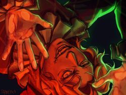  1boy against_fourth_wall brown_hair fourth_wall frills glasgow_smile green_light half-closed_eye identity_v limited_palette looking_at_viewer male_focus markkrpg mike_morton red_eyes short_hair solo stitched_mouth stitches upside-down wide-eyed 