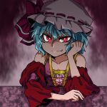  1girl alternate_costume arm_rest aura blue_hair bow collarbone dark dress fang_out hand_on_own_face hat hat_bow looking_at_viewer mob_cap oar_(artist) pov purple_dress red_eyes remilia_scarlet shaded_face short_hair smile solo table touhou 