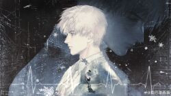  1boy absurdres black_background black_shoes black_shorts cardiogram carrying closed_mouth dress expressionless from_side grey_eyes grey_hanfu hetero highres kouba_yaxi_jiang light_frown light_particles lips long_dress long_hair long_sleeves looking_ahead love_and_deepspace male_focus multiple_views pale_skin princess_carry protagonist_(love_and_deepspace) realistic shoes short_hair shorts signature silhouette thick_eyebrows upper_body watermark weibo_watermark white_dress white_hair zayne_(love_and_deepspace) zoom_layer 