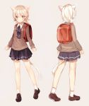  1girl animal_ears backpack bag bare_legs brown_eyes cat_ears cat_tail from_behind full_body kazi original pleated_skirt randoseru school_bag short_hair skirt smile sweater tail white_hair 