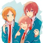  3boys ahoge aoi_yuuta blush closed_eyes ensemble_stars! green_eyes hair_ornament hairclip himemiya_touri male_focus multiple_boys necktie open_mouth pink_hair redhead school_uniform short_hair sidelocks smile suou_tsukasa violet_eyes 