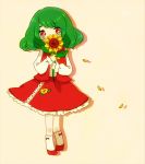  1girl alternate_costume ascot crying crying_with_eyes_open flower green_hair head_tilt holding holding_flower kazami_yuuka lelut long_sleeves petals red_eyes red_shoes red_skirt red_vest shoes short_hair simple_background skirt socks solo standing sunflower tears touhou 
