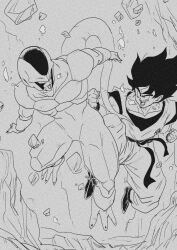  2boys air_bubble alien angry annoyed bubble clenched_teeth cooler_(dragon_ball) covered_pectorals dougi dragon_ball dragon_ball_z greyscale gvdygdu looking_at_another looking_to_the_side male_focus monochrome multiple_boys muscular muscular_male open_mouth pectorals son_goku spiky_hair tail teeth toriyama_akira_(style) underwater 