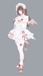  1girl absurdres bat_wings black_hair bonnet colored_inner_hair crossed_arms detached_sleeves dress drill_hair flower full_body grey_background heterochromia highres idolmaster idolmaster_shiny_colors idolmaster_shiny_colors_song_for_prism ikaruga_luca lips long_hair mayj1816 multicolored_hair puffy_detached_sleeves puffy_sleeves red_eyes red_flower red_rose red_streaks rose sandals simple_background single_thighhigh socks solo standing streaked_hair thigh-highs twin_drills two-tone_hair white_dress white_socks wings yellow_eyes 