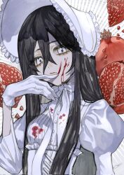  1girl black_hair blood blood_on_clothes blood_on_face bonnet closed_mouth dress finger_to_face food food-themed_background fruit gloves grey_eyes hair_between_eyes hand_up highres juliet_sleeves lolita_fashion long_hair long_sleeves looking_at_viewer neck_ribbon original pomegranate puffy_sleeves ribbon solo taezuodoru_0 upper_body white_dress white_gloves white_ribbon 